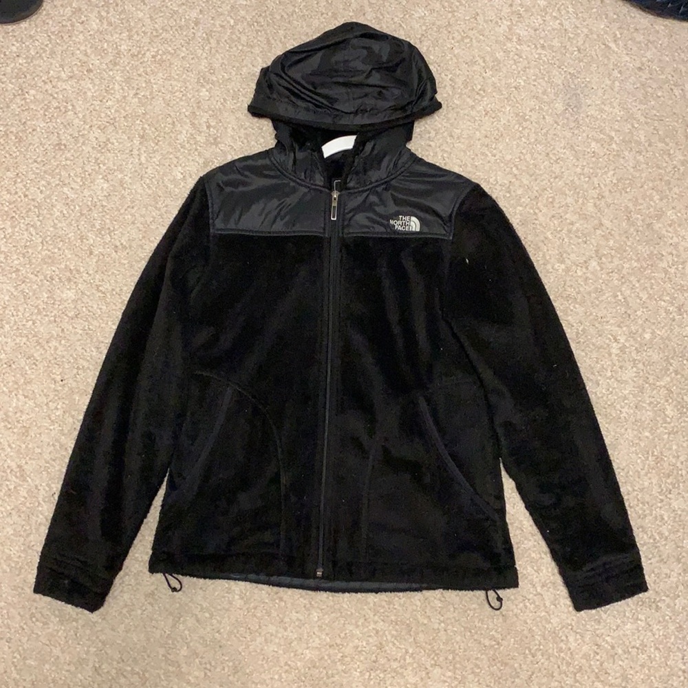 The North Face black fuzzy coat.
